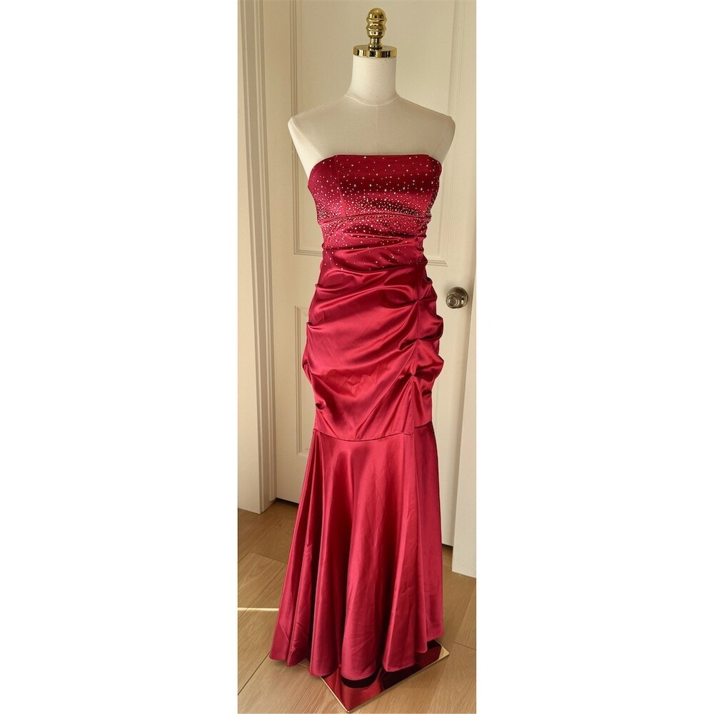 Blondie Nites Dress Womens Juniors 5 Red Strapless Ruched Mermaid Gown